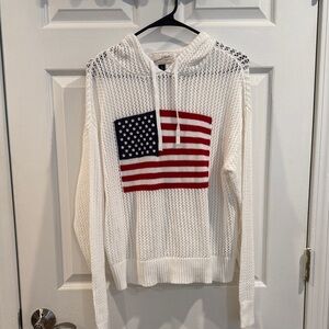 White Knit Hoodie with American Flag